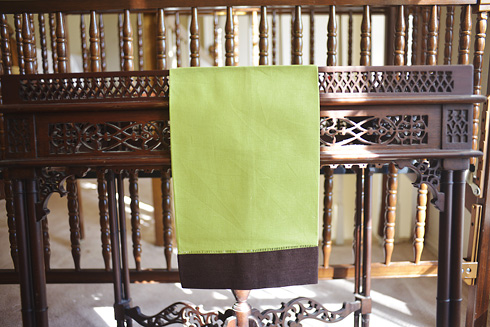 Multicolored Hemstitch Guest Towels. Macaw Green & Fondue Fudge
